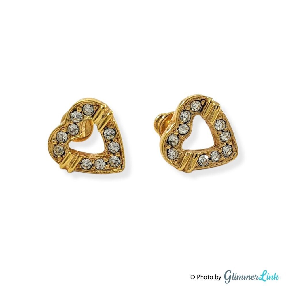 Vintage Roman Heart Rhinestone Gold Tone Stud Earrings